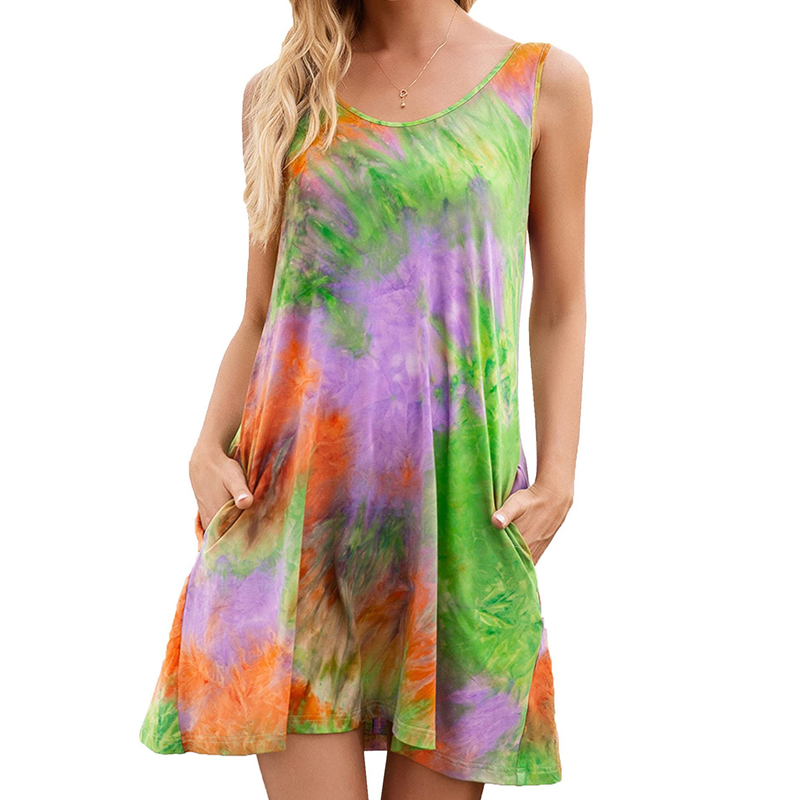 Image of Fashion Summer Sexy Suspender Tie-Dye Print Dresses For Women, Green / M