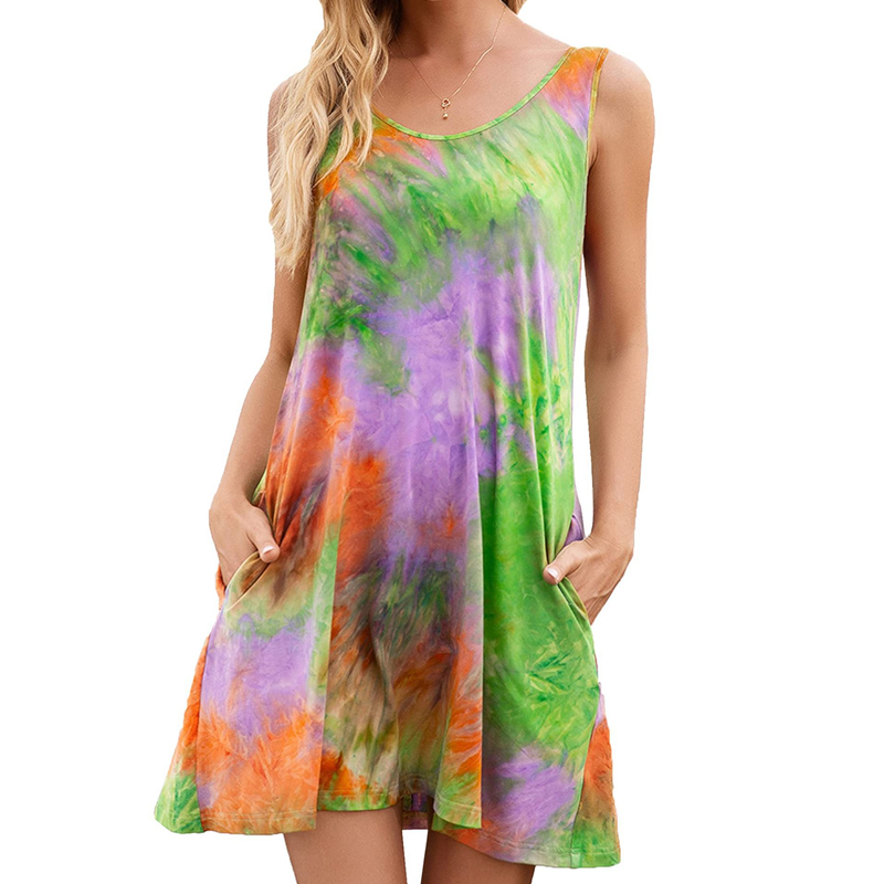 Image of Fashion Summer Sexy Suspender Tie-Dye Print Dresses For Women, Green / 2XL