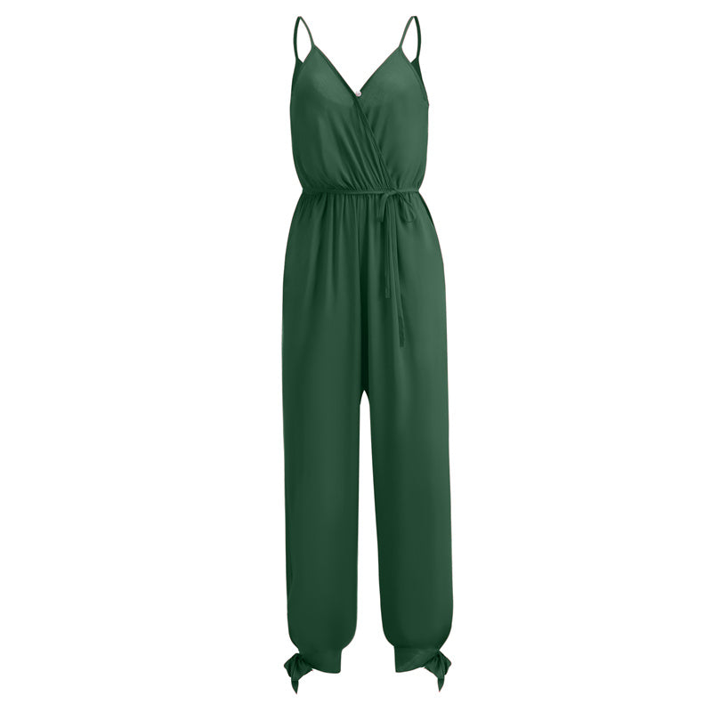 Image of Women's Sexy V-Neck Solid Color Strappy Jumpsuit with Pockets, Green / M