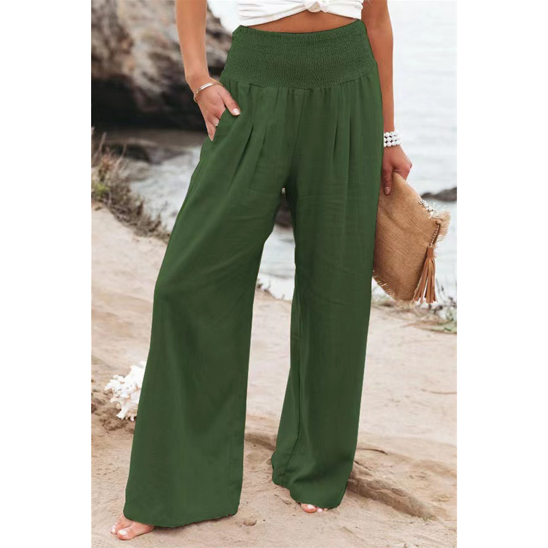 

Women Casual Cotton Linen Long Pants Spring Autumn Pocket Wide Leg Pants Elegant Femme Slim Straight Trousers smocked Pants - Green / XL