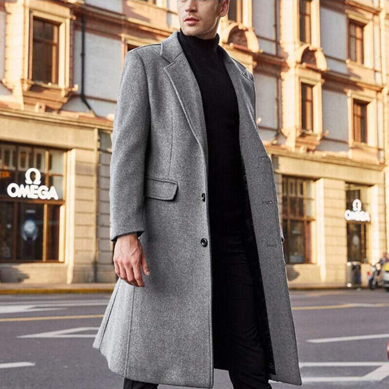 

Men's Fashionable Long Warm Coat Wool Trench Coat Single Breasted Slim Fit Jacket Business British Style Lapel Overcoat - Grey / XXL