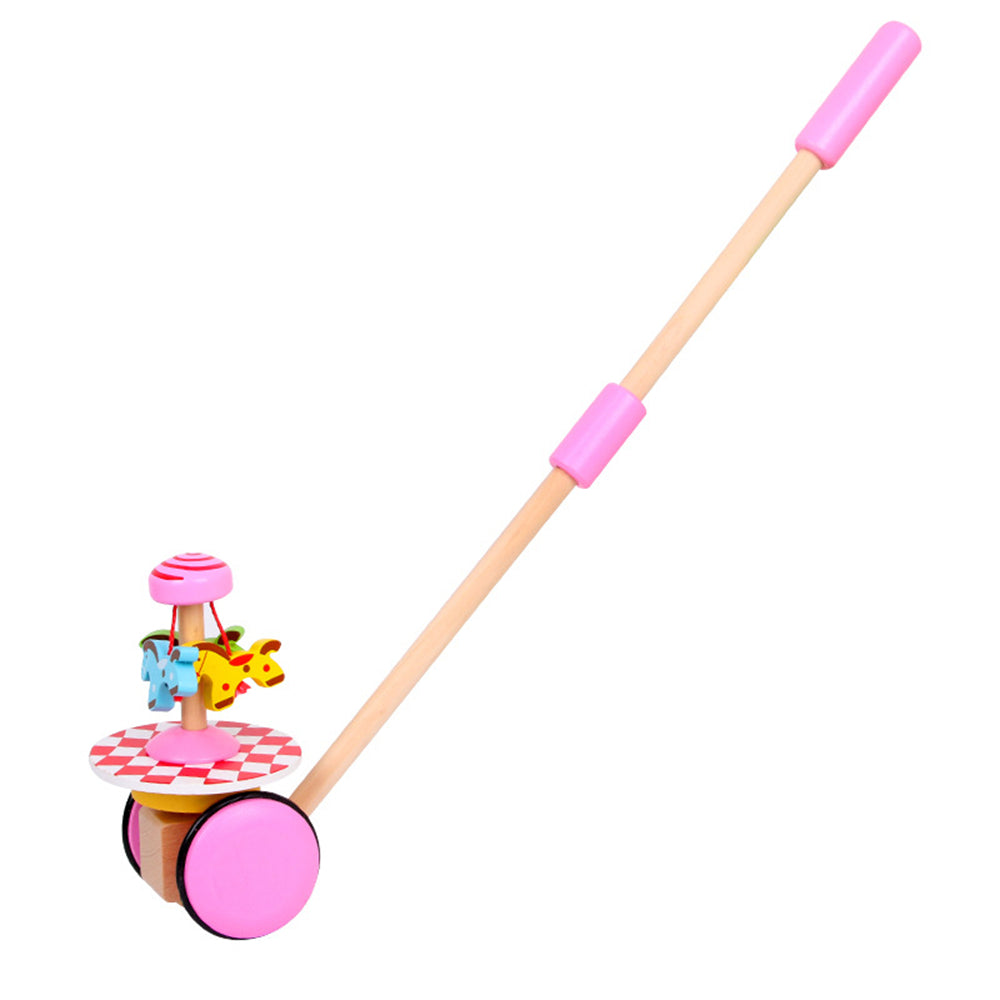 Image of Wooden Drag Trolley Toys Cartoon Animal Single Pole Baby Walker, Pink