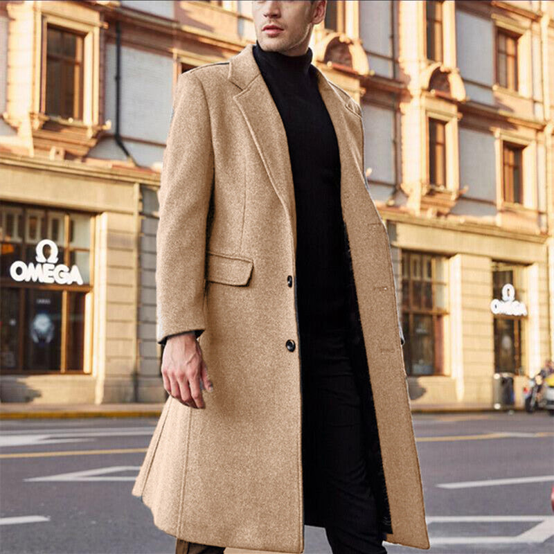 

Men's Fashionable Long Warm Coat Wool Trench Coat Single Breasted Slim Fit Jacket Business British Style Lapel Overcoat - Khaki / XXL