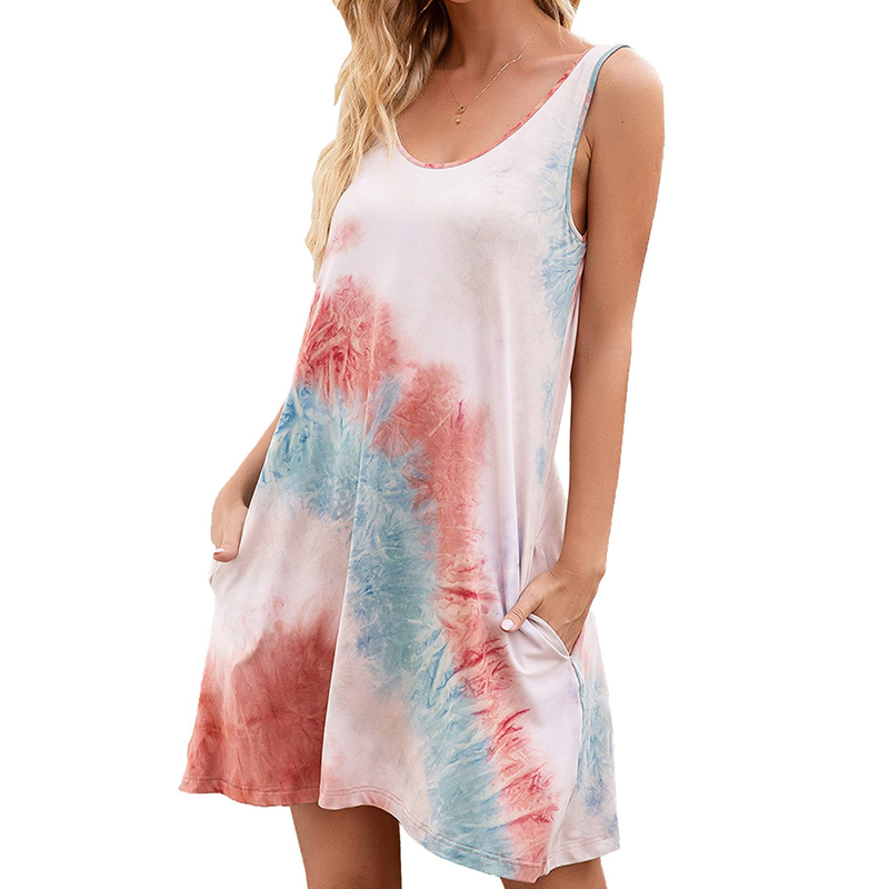 Image of Fashion Summer Sexy Suspender Tie-Dye Print Dresses For Women, Pink / L
