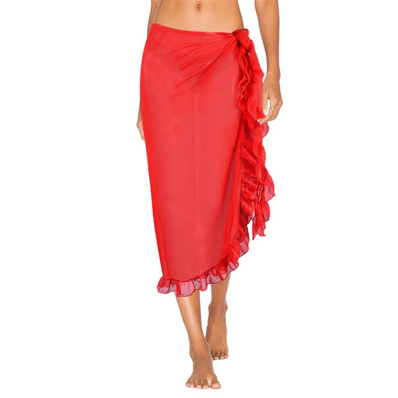 Image of Women Sexy Beach Chiffon Ruffles Bikini Cover up Skirt, Red