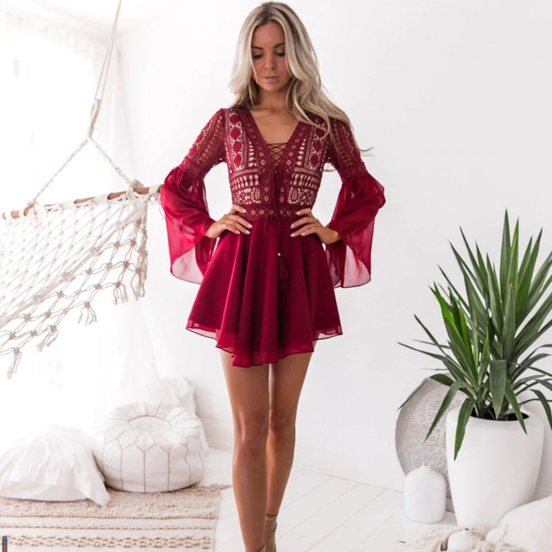Image of Bohemian Women Summer V-Neck Lace Long Sleeve Hollow Dresses, Red / XL