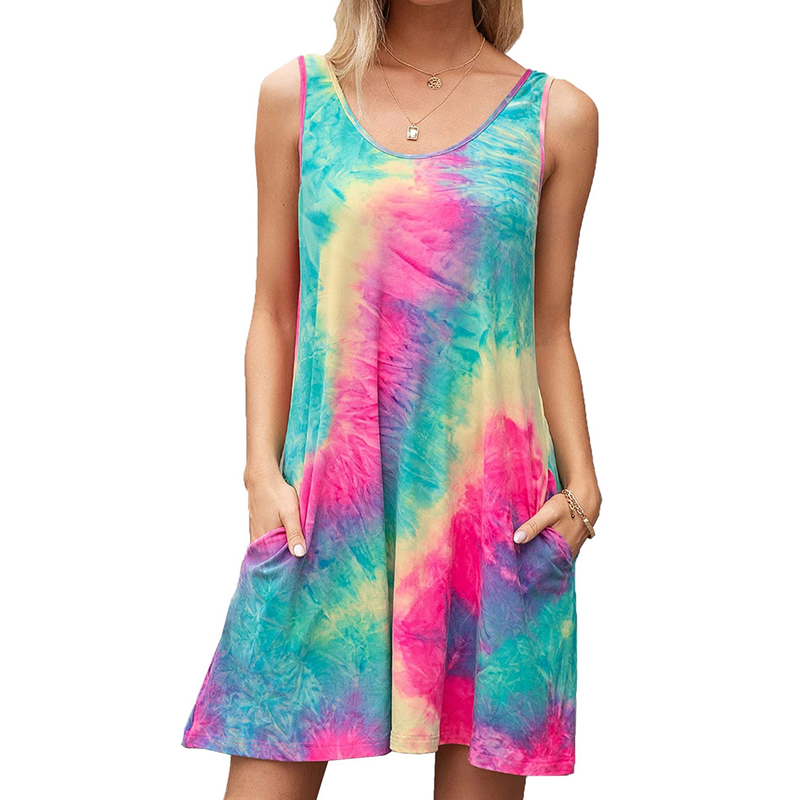 Image of Fashion Summer Sexy Suspender Tie-Dye Print Dresses For Women, Rose / L