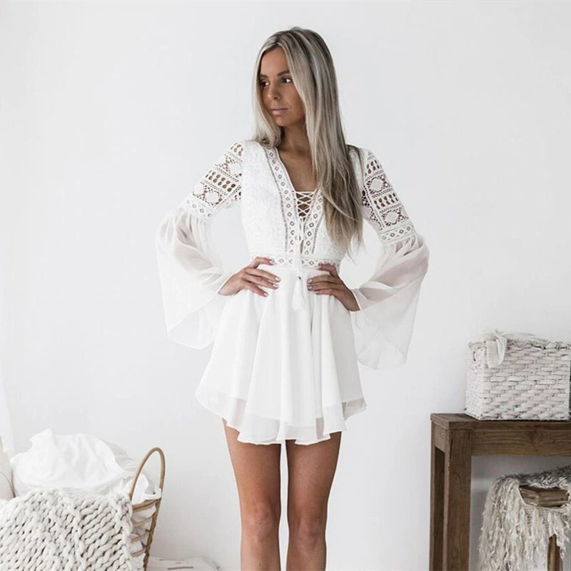 Image of Bohemian Women Summer V-Neck Lace Long Sleeve Hollow Dresses, White / L
