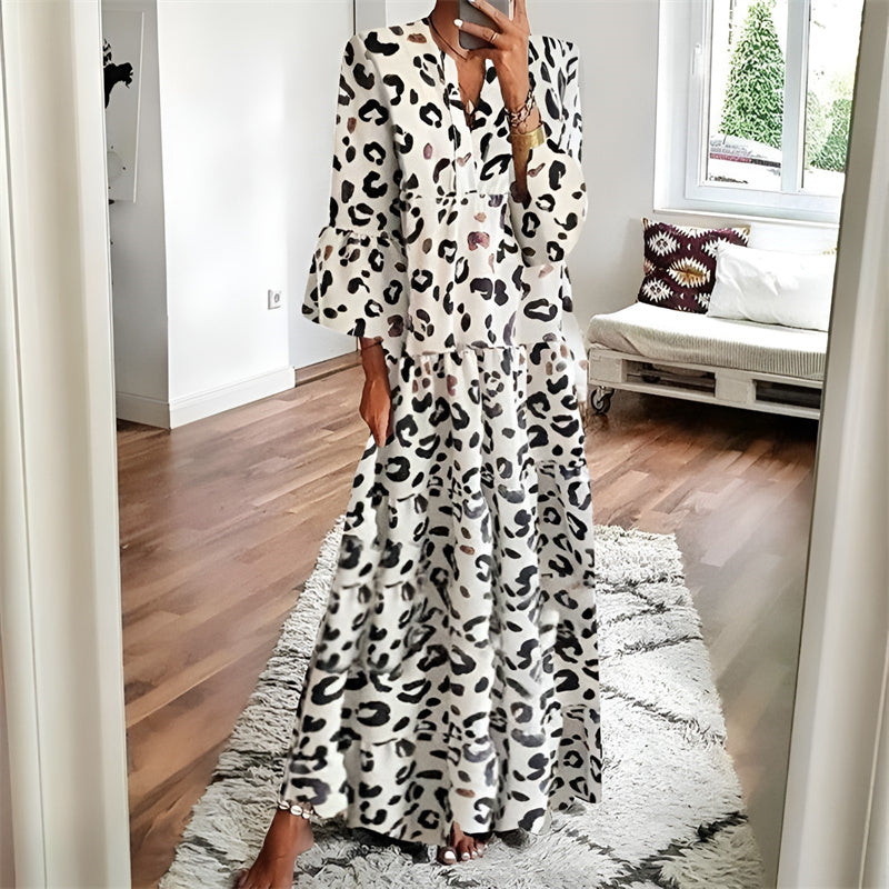 

Women Elegant Leopard Print Evening Dress V Neck Flare Sleeves Boho Dresses Loose Casual Wave Stain Maxi Dress - White / XL