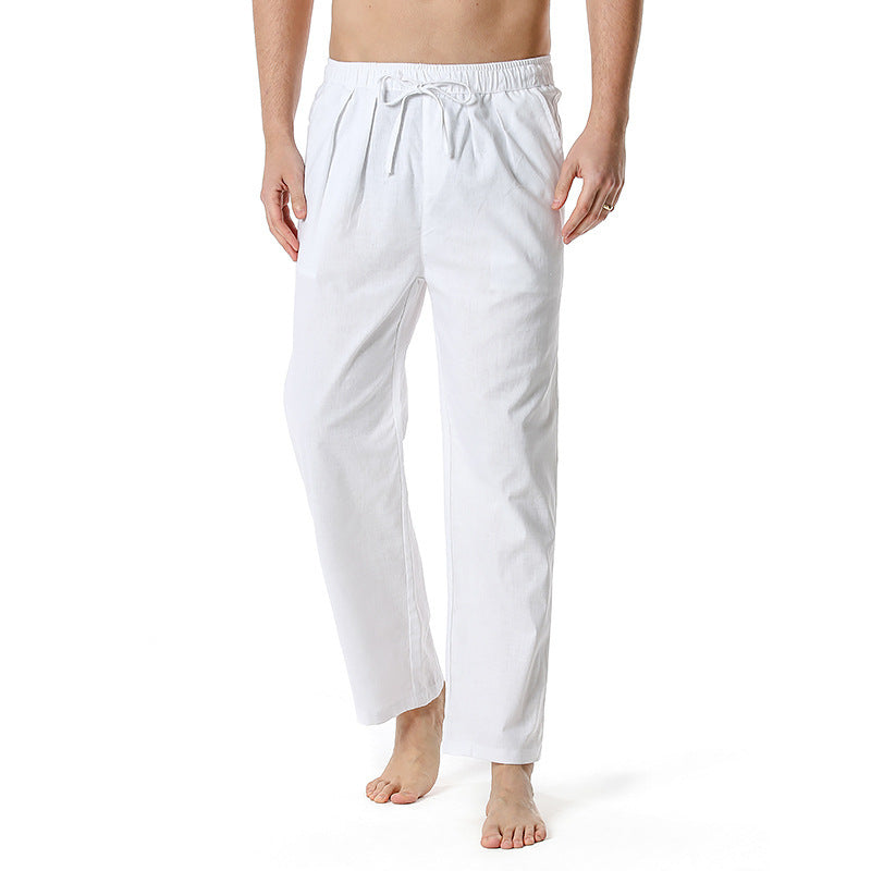 Image of Mens Cotton Casual Loose Long Pants with Drawstring, White / 2XL