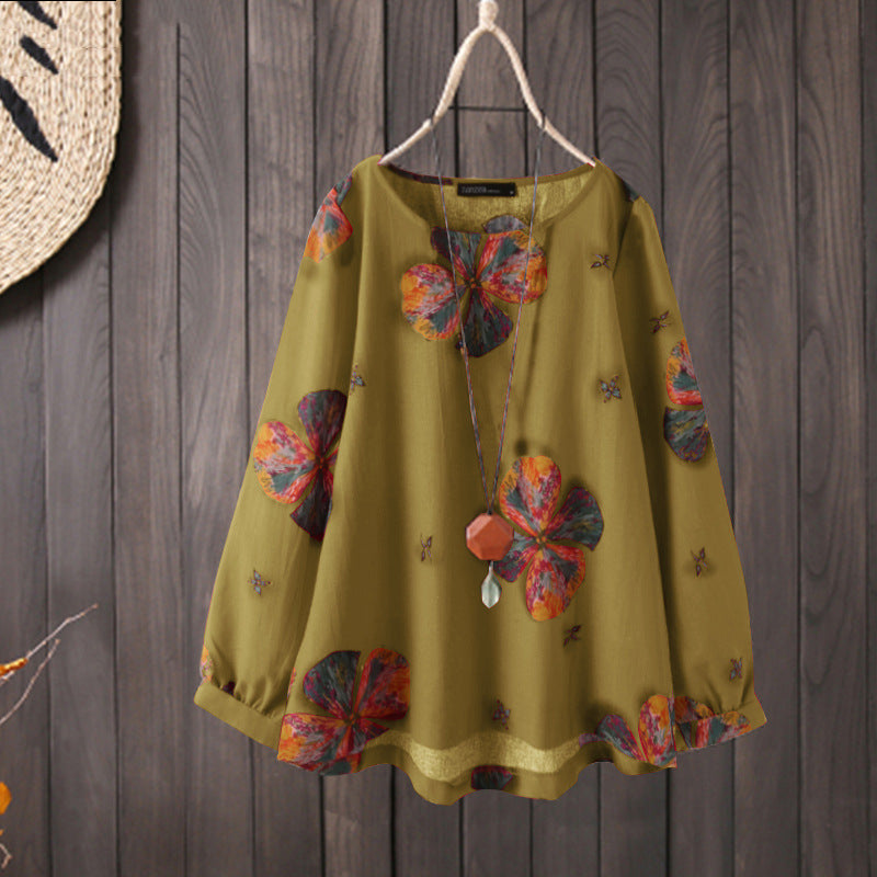 

Women Casual Oversize Tops O-Neck Loose Shirt Women's Floral Printed Clothing Large Sizes Holiday Vintage Tops - Yellow / 3XL