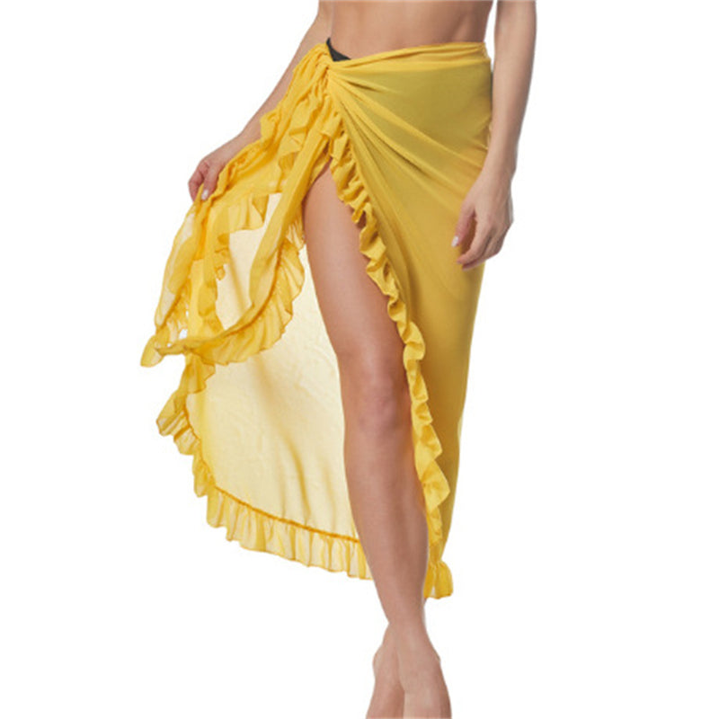 Image of Women Sexy Beach Chiffon Ruffles Bikini Cover up Skirt, Yellow