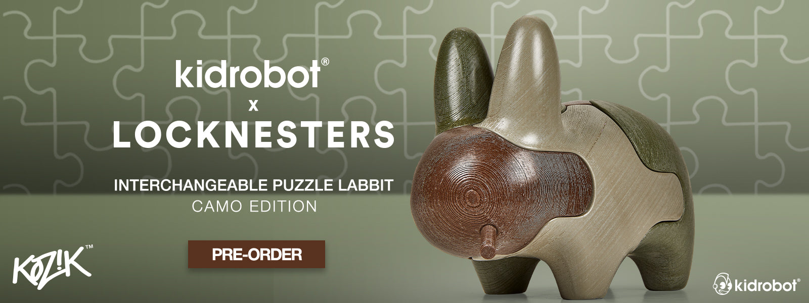 Kidrobot x Locknesters x Frank Kozik Puzzle Labbit - Camo Edition - Pre-order for a limited time only on Kidrobot.com