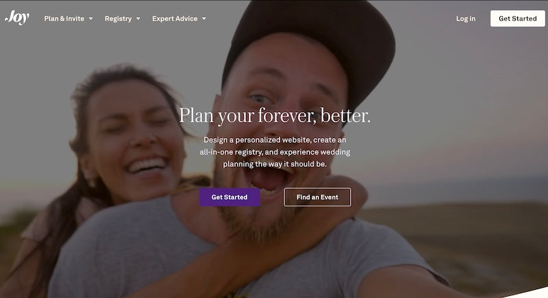 A homepage of a wedding website called Joy with a picture of a happy couple on the pages screen.