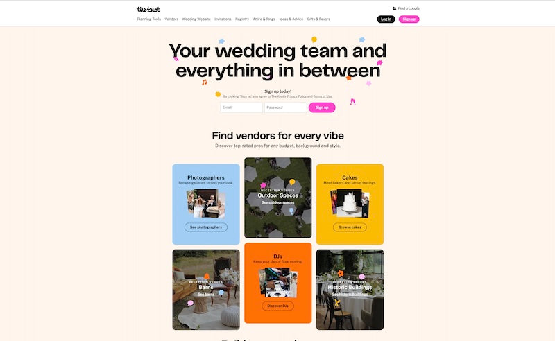 A homepage of a wedding website called The Knot.