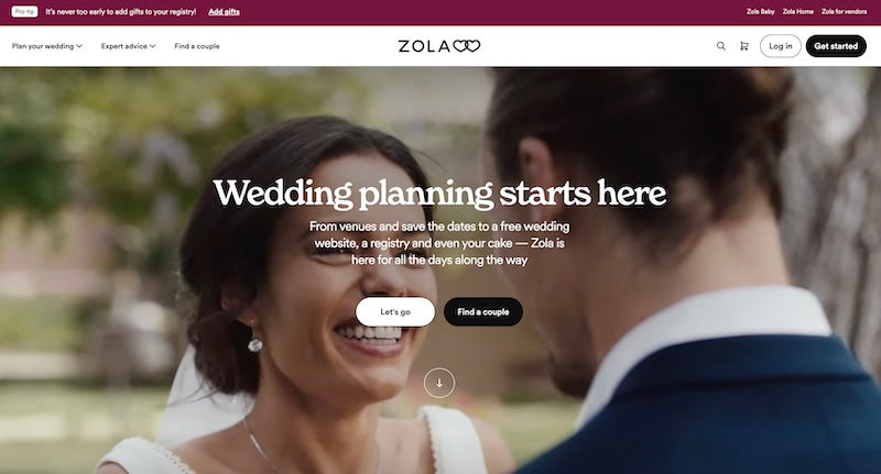 A homepage from a computer screen of a wedding website named Zola.