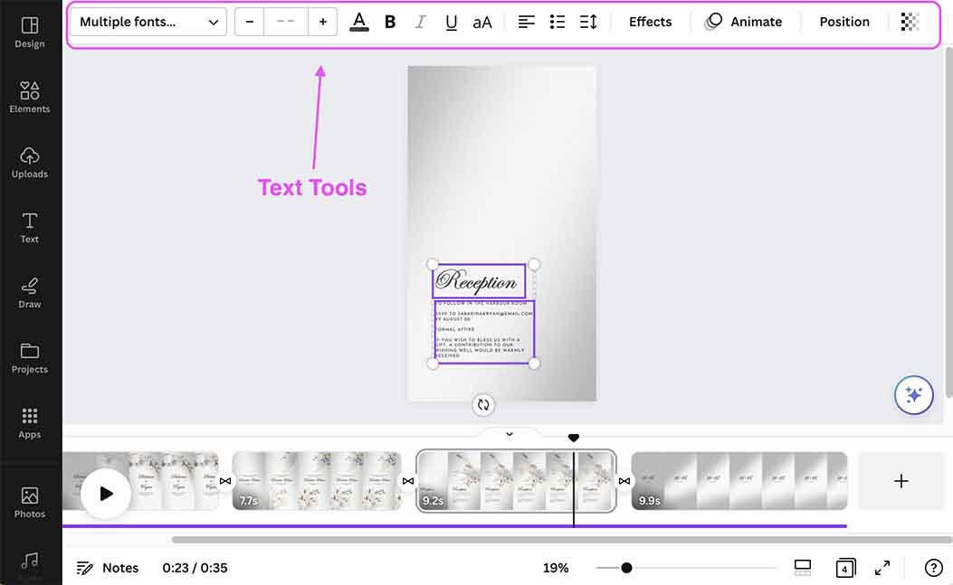 Diagram how text edit tools for video in Canva