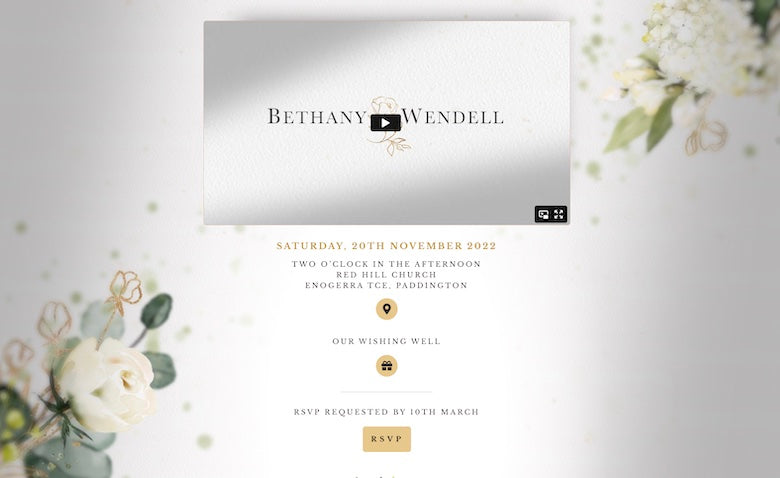 Wedding Website with video and rsvp details written underneath