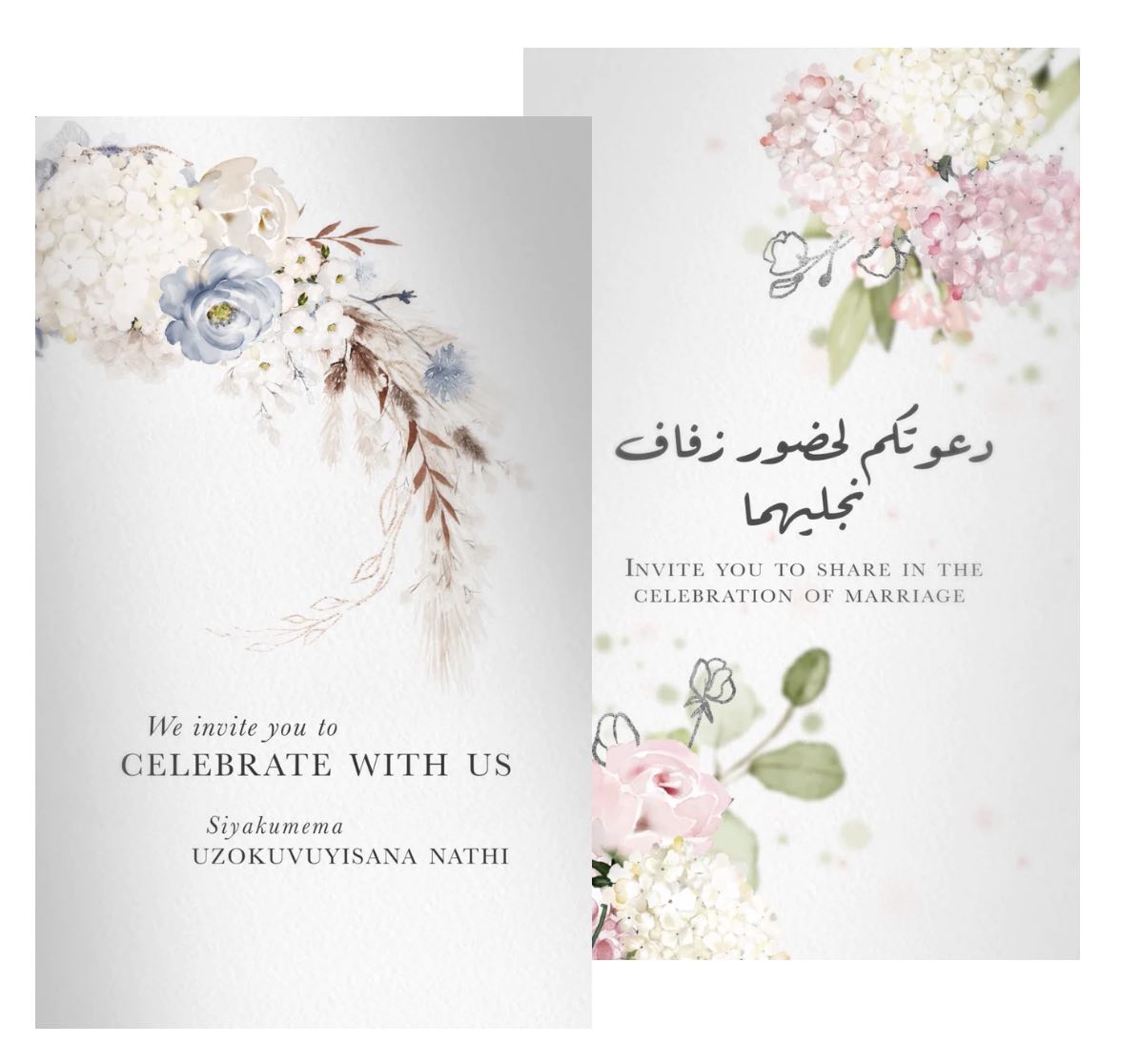 2 wedding invitation cards with flowers, written in multiple languages