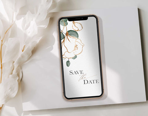 Save the date animated invitation on a mobile phone with a white feather next to it