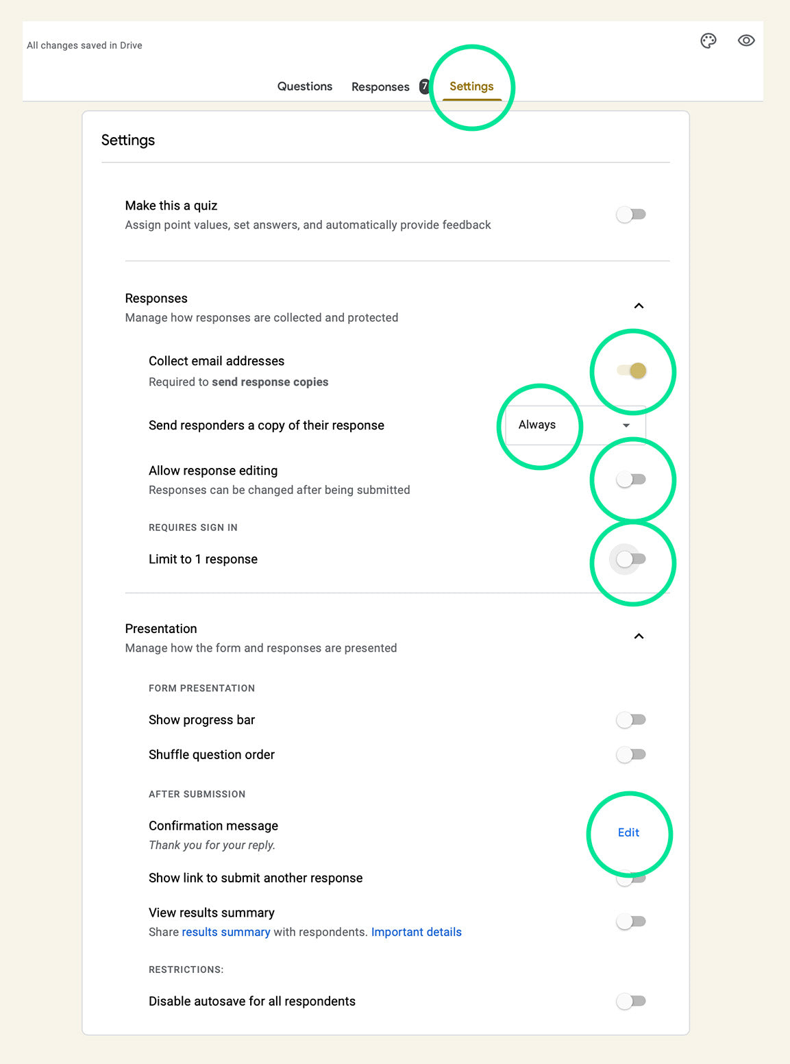 Settings for google forms with circles highlighting mentioned areas in the blog