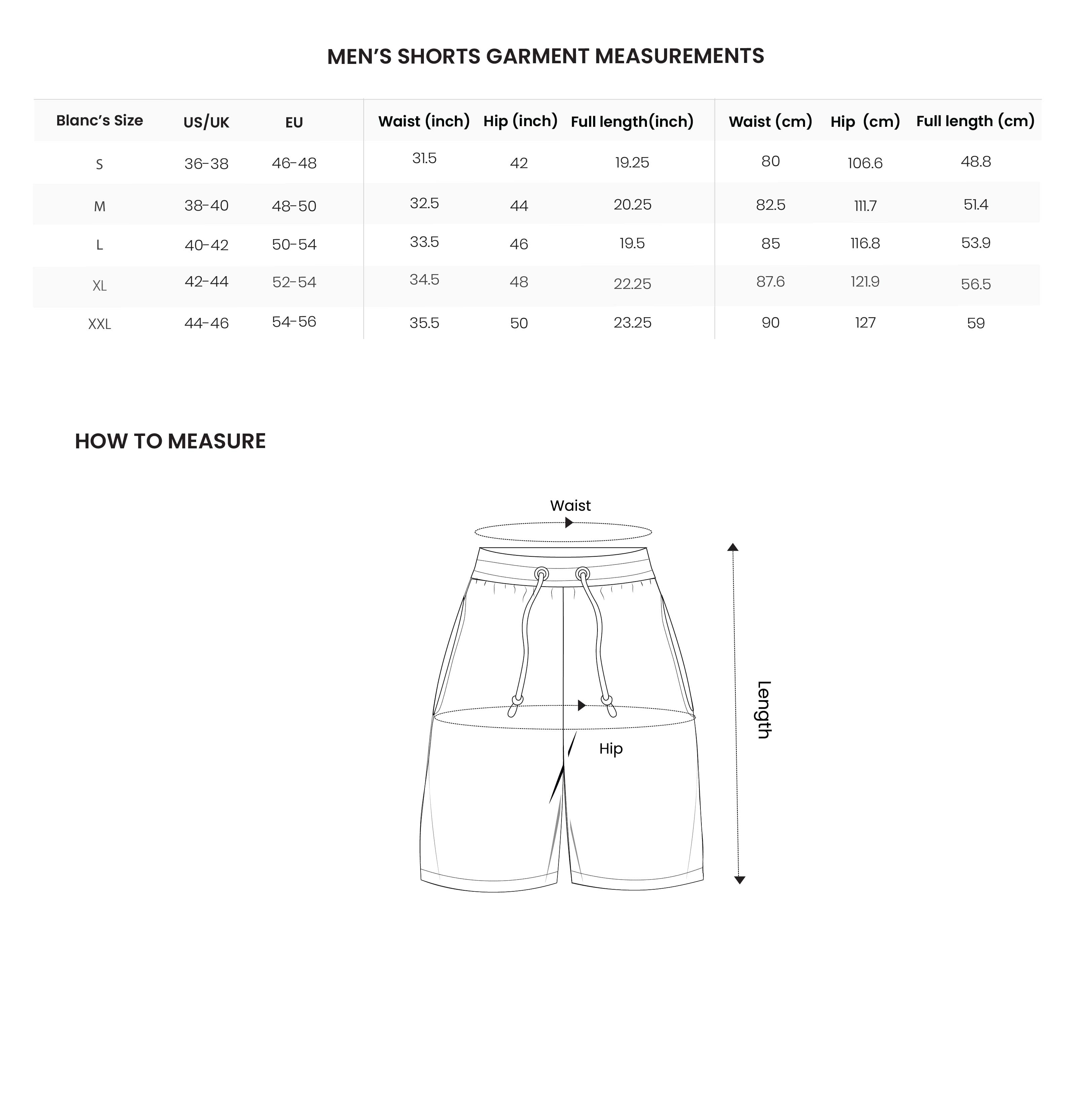 Mens Shorts Size Chart 