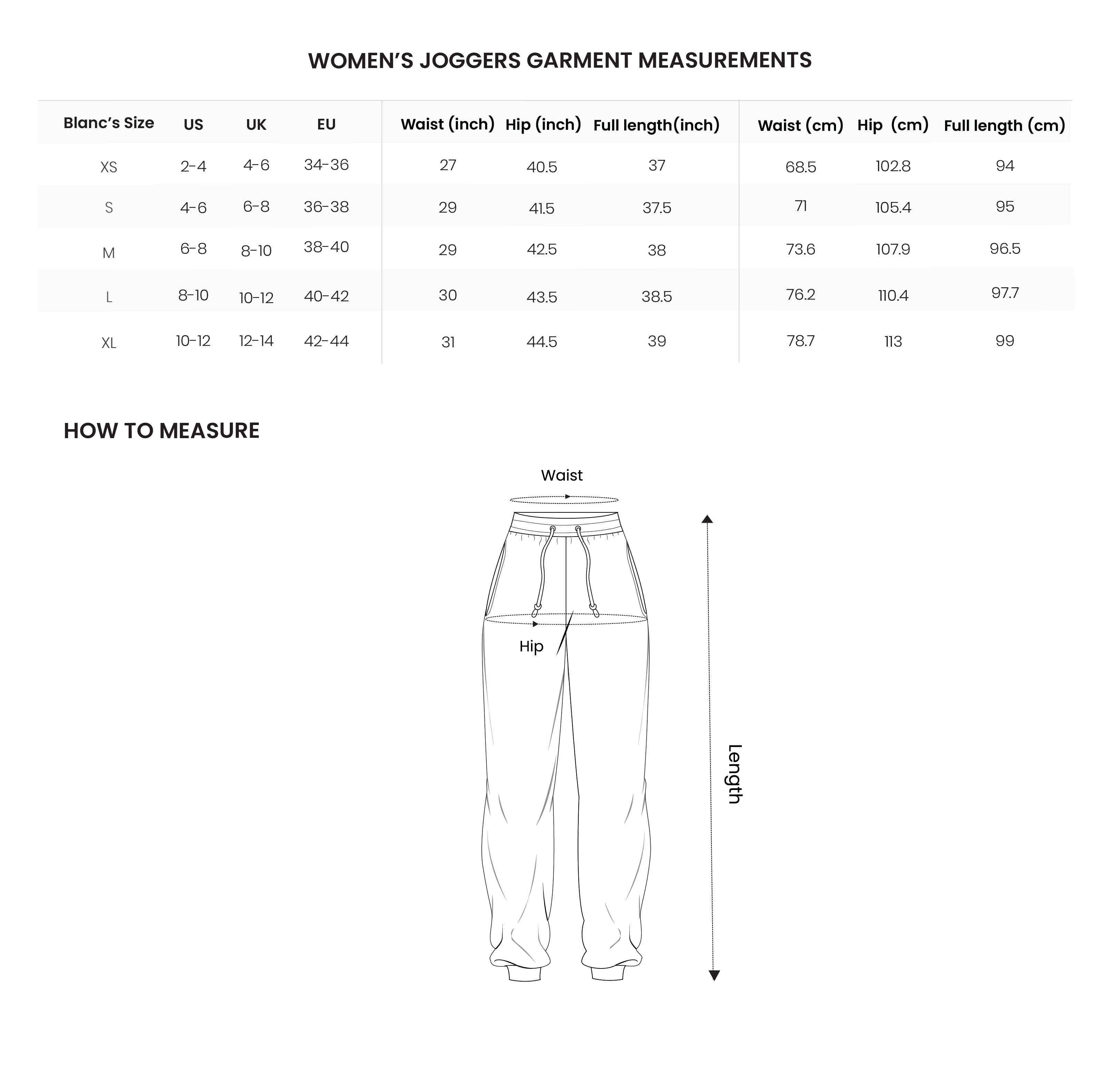 Women's Joggers size chart – blanc