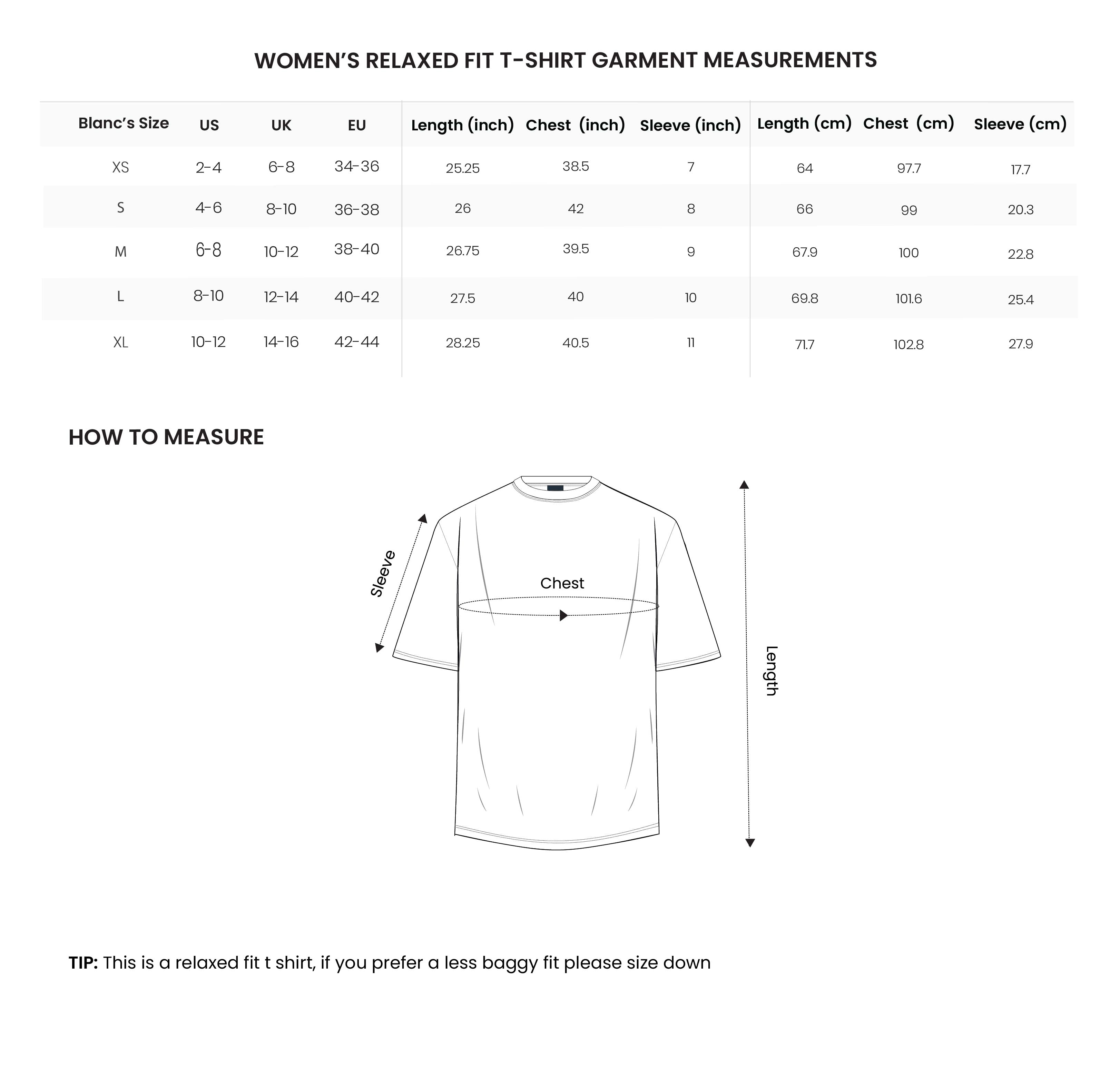 Womens Tshirt size chart – blanc