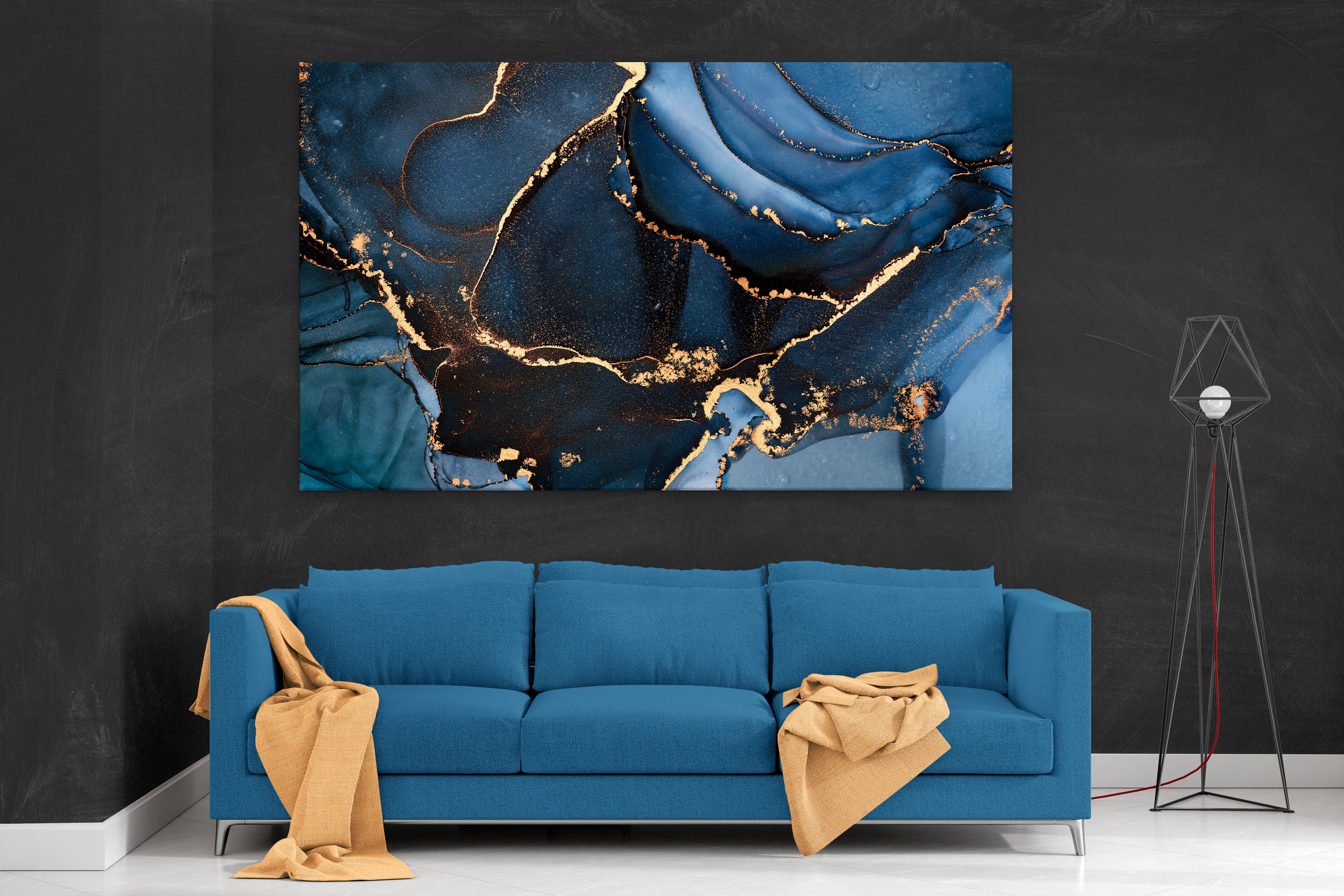 Blue, Gold and Black Abstract Canvas Wall Art, Set of 3 Marble Prints, Extra Large Wall Art, Marble Wall Decor, Split Canvas Art, Modern Art