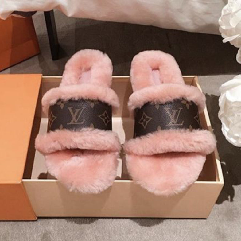 LV Louis vuitton new ladies plush stitching leather slippers beach sandals Shoes