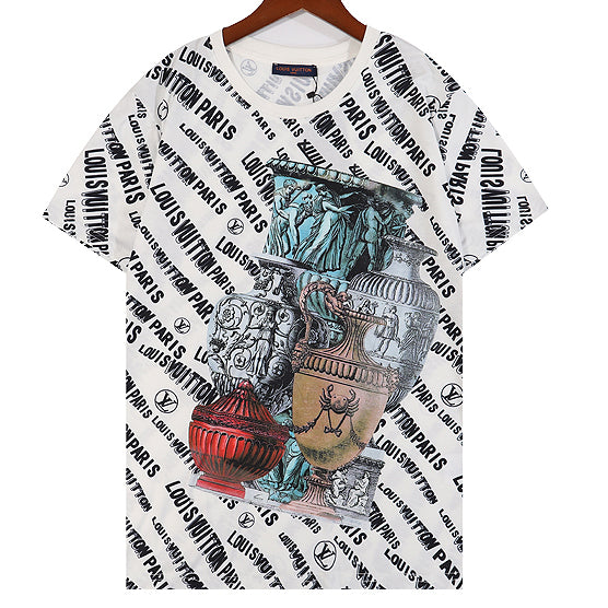 LV Louis Vuitton fashion retro character building letter logo pattern short-sleeved T-shirt