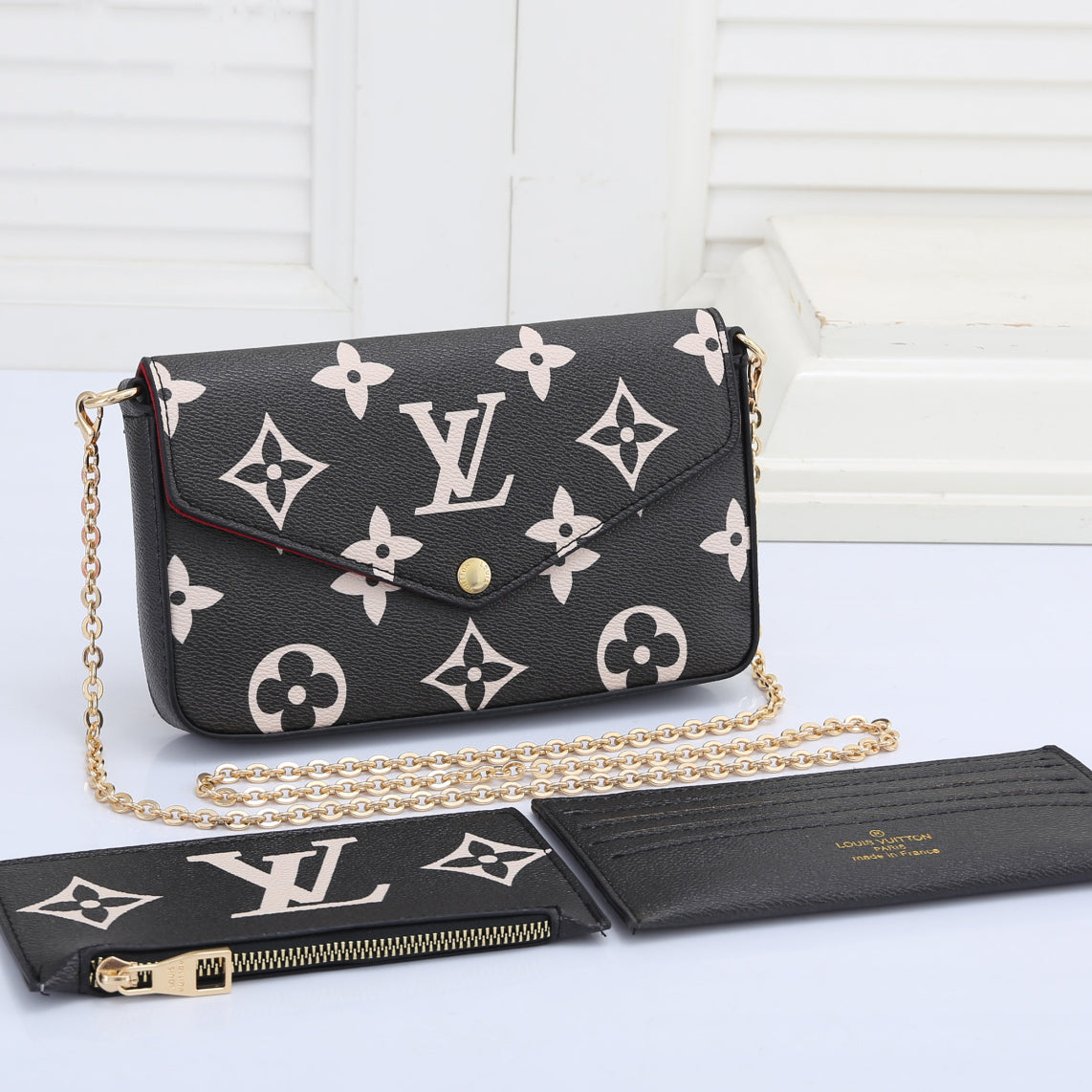 LV Louis Vuitton Fashion Ladies Splicing Shoulder Crossbody Bag Waist Bag Wallet Three-piece Set