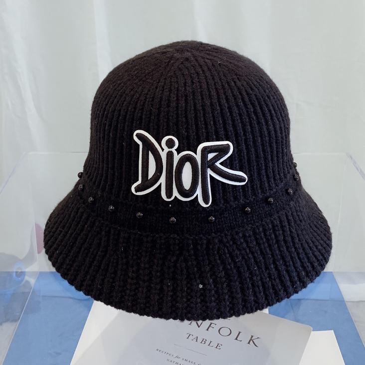 Dior CD Fashion Ladies New Knitted Pearl Bucket Cap Solid Color Top Hat