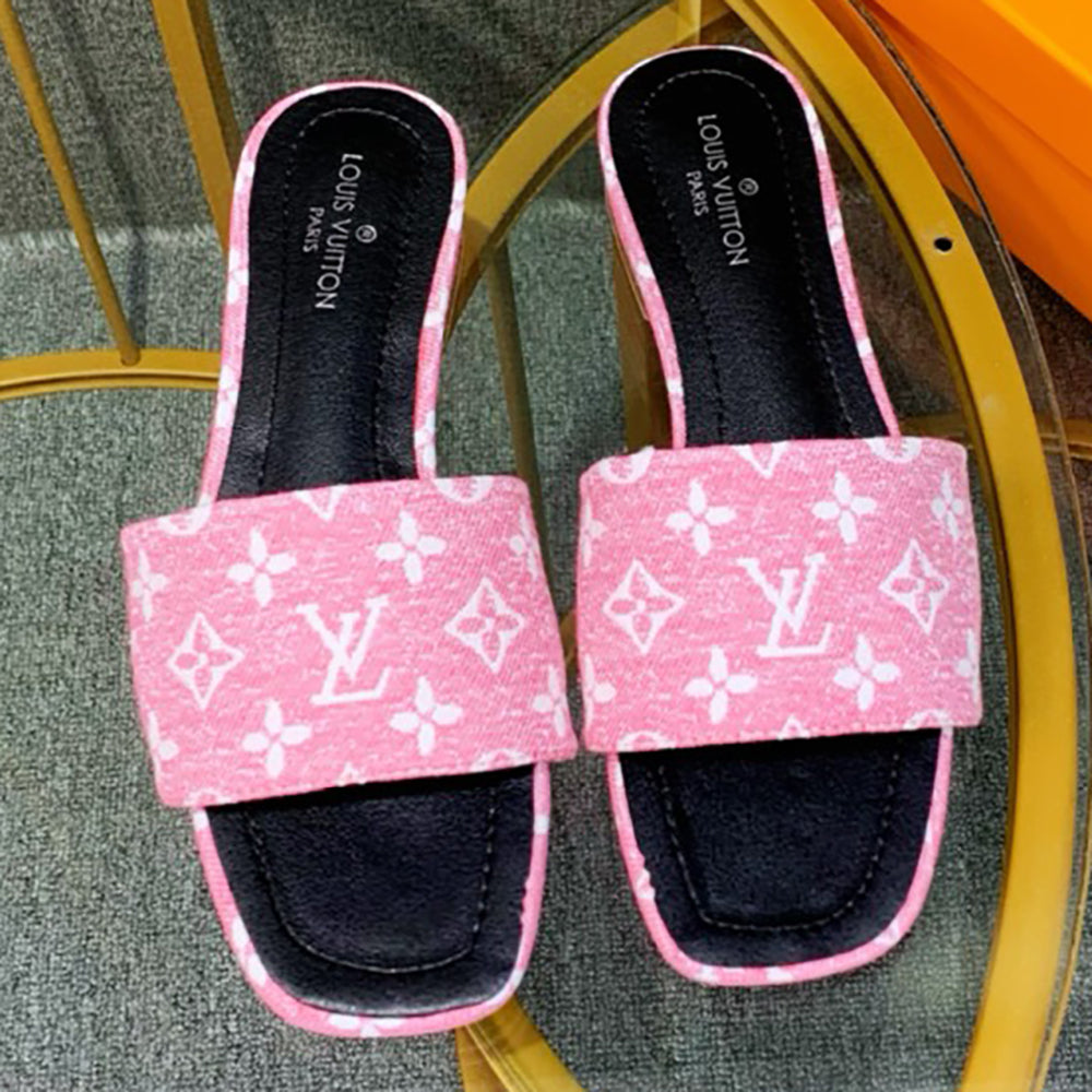 LV Louis Vuitton Canvas Embroidered Letters Ladies Casual Slipper Sandals Shoes