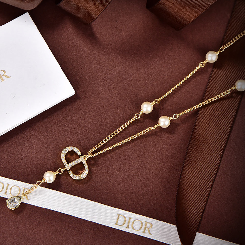 Christian Dior CD diamond cutout logo women's gold necklace