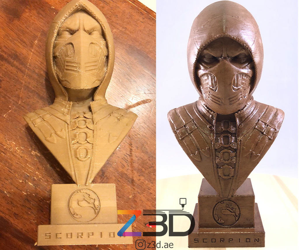 scorpion from mortal kombat 3d printed in wood pla filament and shined