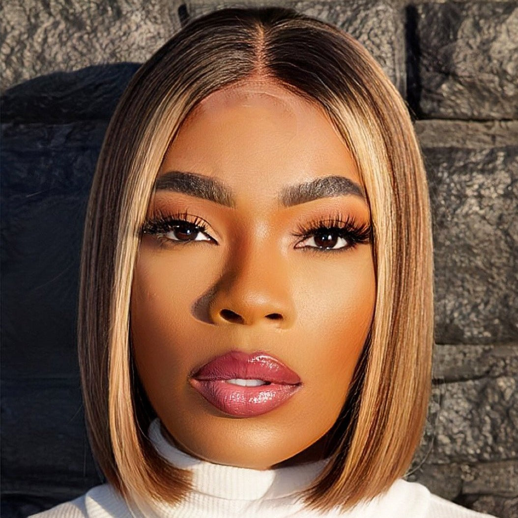 Image of Blonde blunt cut bob with middle part closure