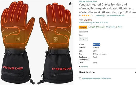 Amazon review for VENUSTAS heated ski gloves