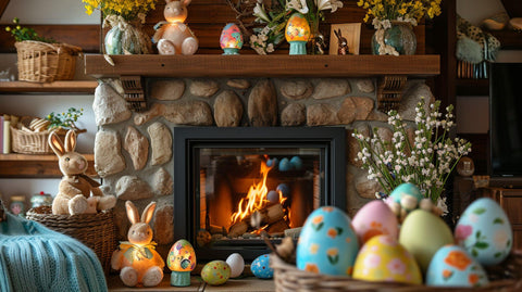 A cozily decorated living room in a cottage, featuring a traditional fireplace with springtime and Easter decorations.