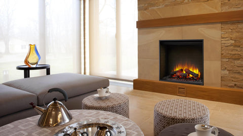 A luxury living room with a fireplace