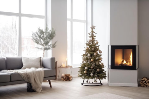 Christmas tree next to modern fireplace.