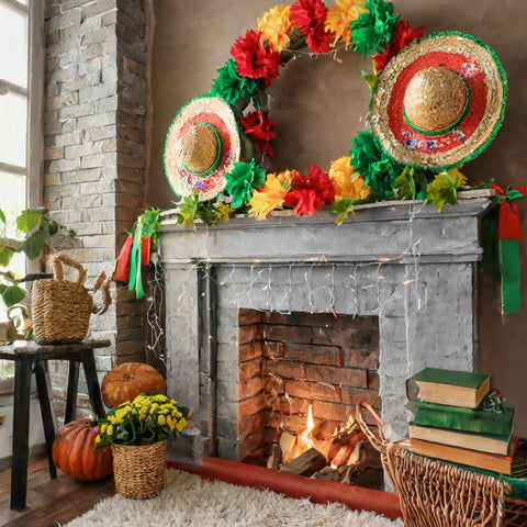 Cinco de Mayo decorations around a fireplace.