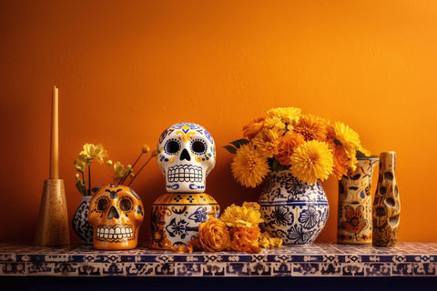 Festive sugar skulls, candle, flower arrangements and potteries on mantle with beautiful pattern.