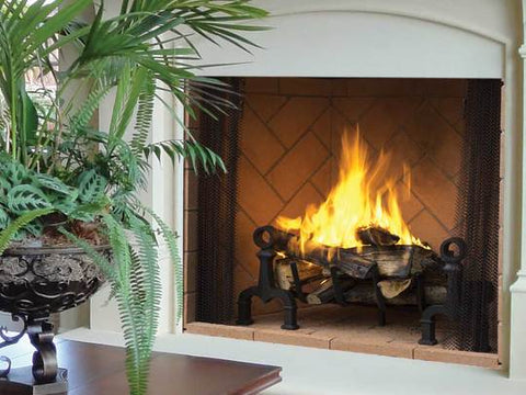 Fireplace with burning wood indoors