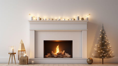 Fireplace with Christmas tree and simple decorations.