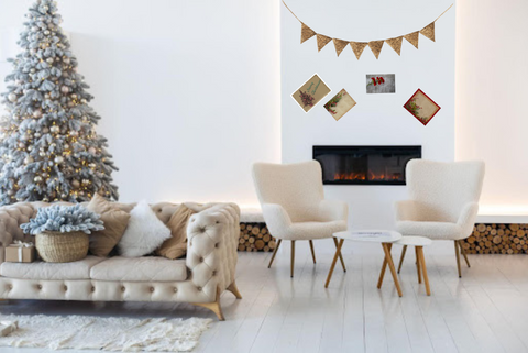 Holiday cards above electric fireplace.