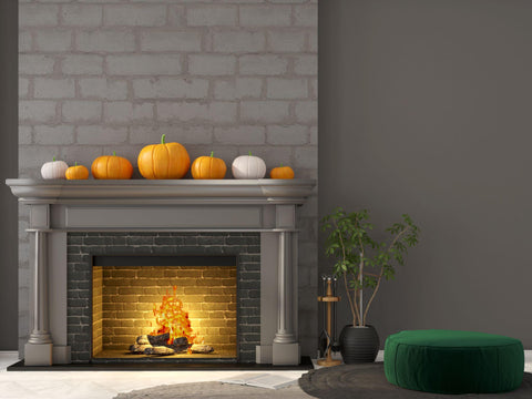 Interior decoration for Halloween. 3D illustration of dark gray interior with a classic fireplace and green pouf