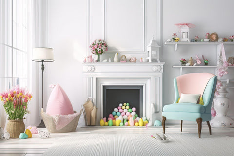 Light filled living room interior with a fireplace, a chair, and Easter eggs.