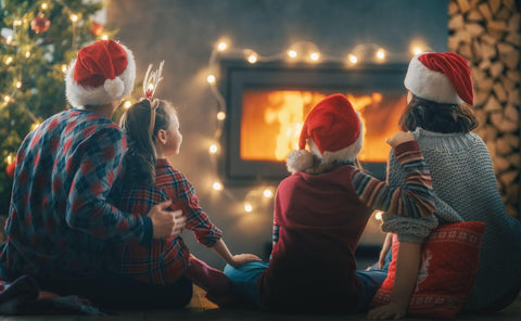 Lights around electric fireplace.