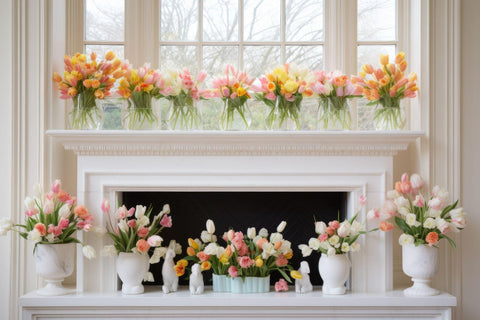 Spring-themed decorations can be seen on a white mantel display, featuring tulips and bunnies.